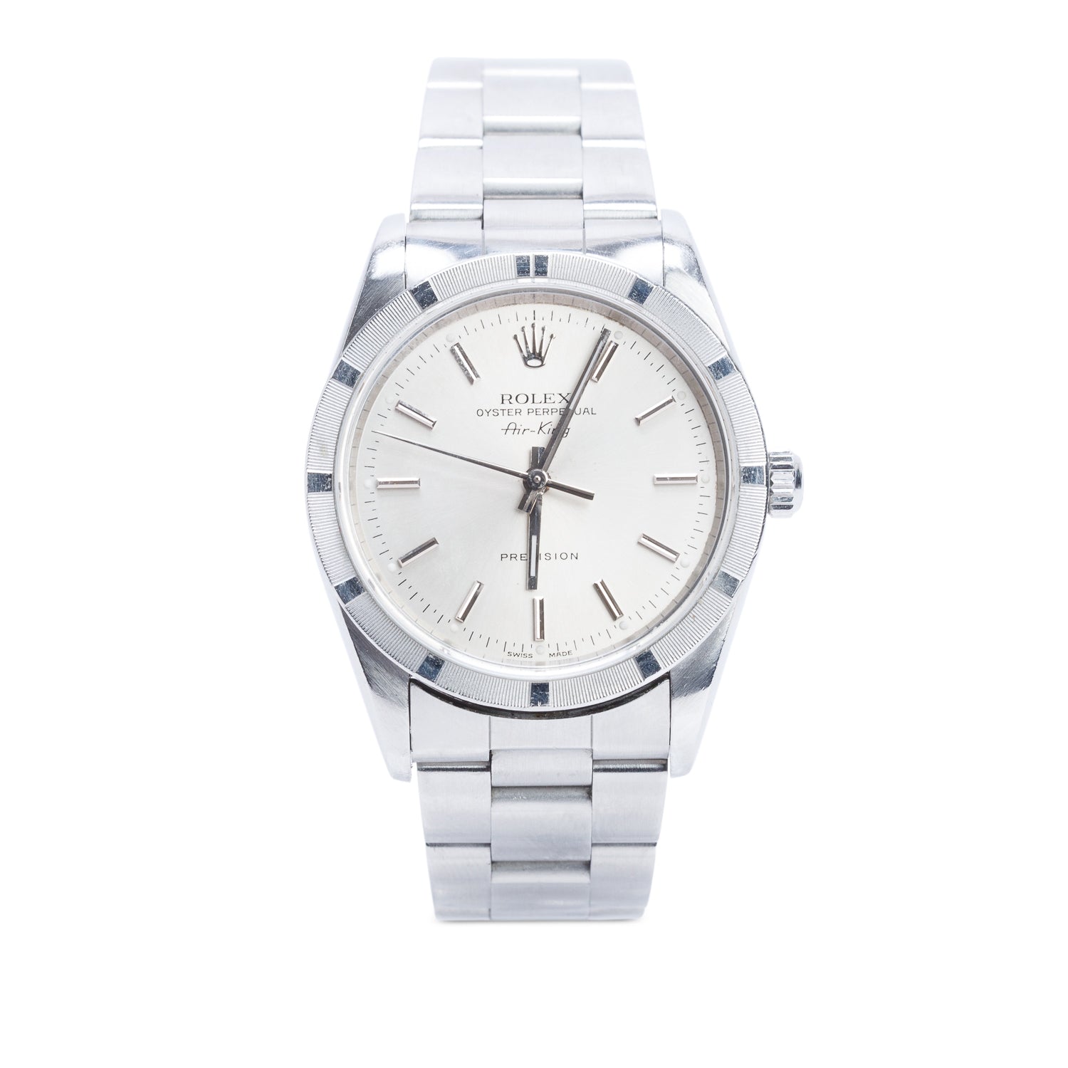Rolex Stainless Steel Engine Turned Bezel Oyster Perpetual Air King 34 MM Automatic Watch Silver Dial 14000M w/ Box