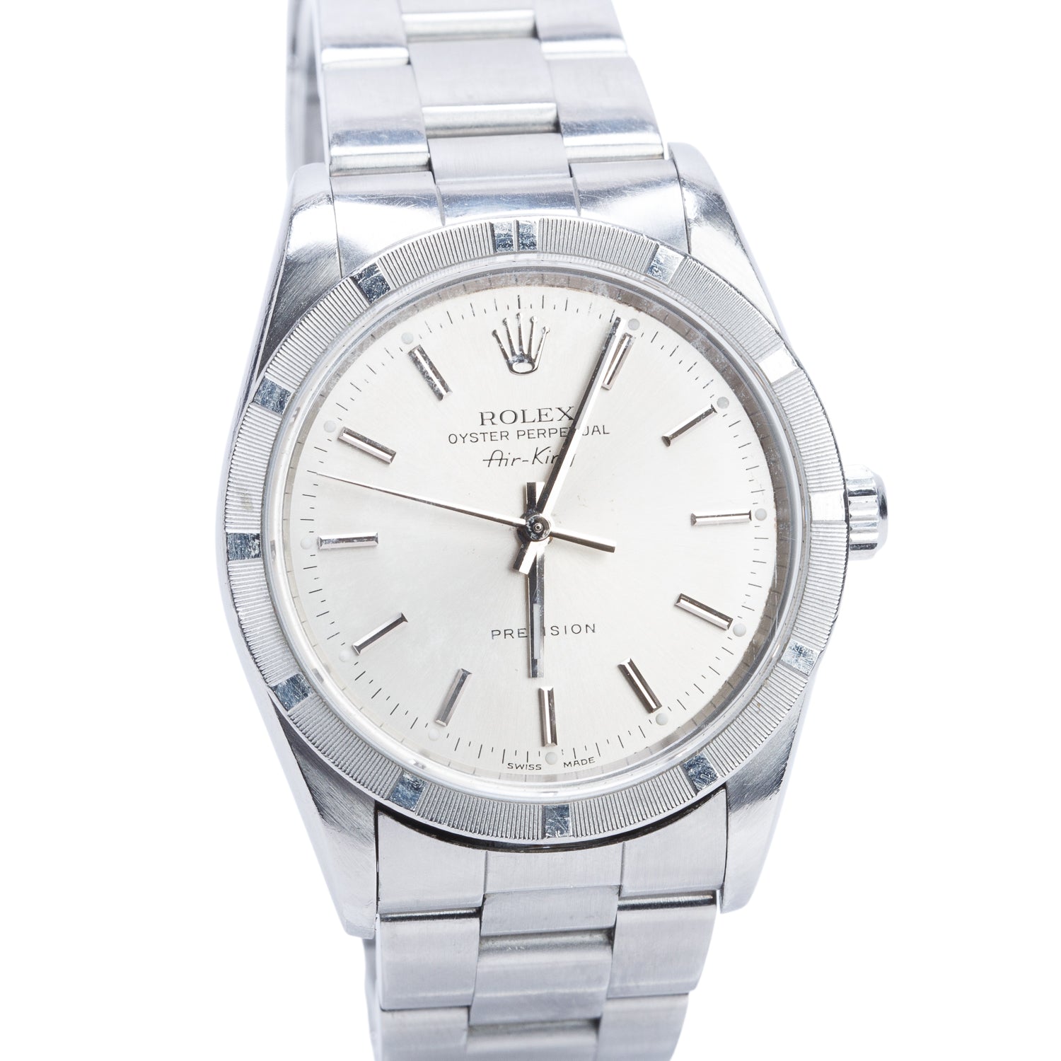 Rolex Stainless Steel Engine Turned Bezel Oyster Perpetual Air King 34 MM Automatic Watch Silver Dial 14000M w/ Box