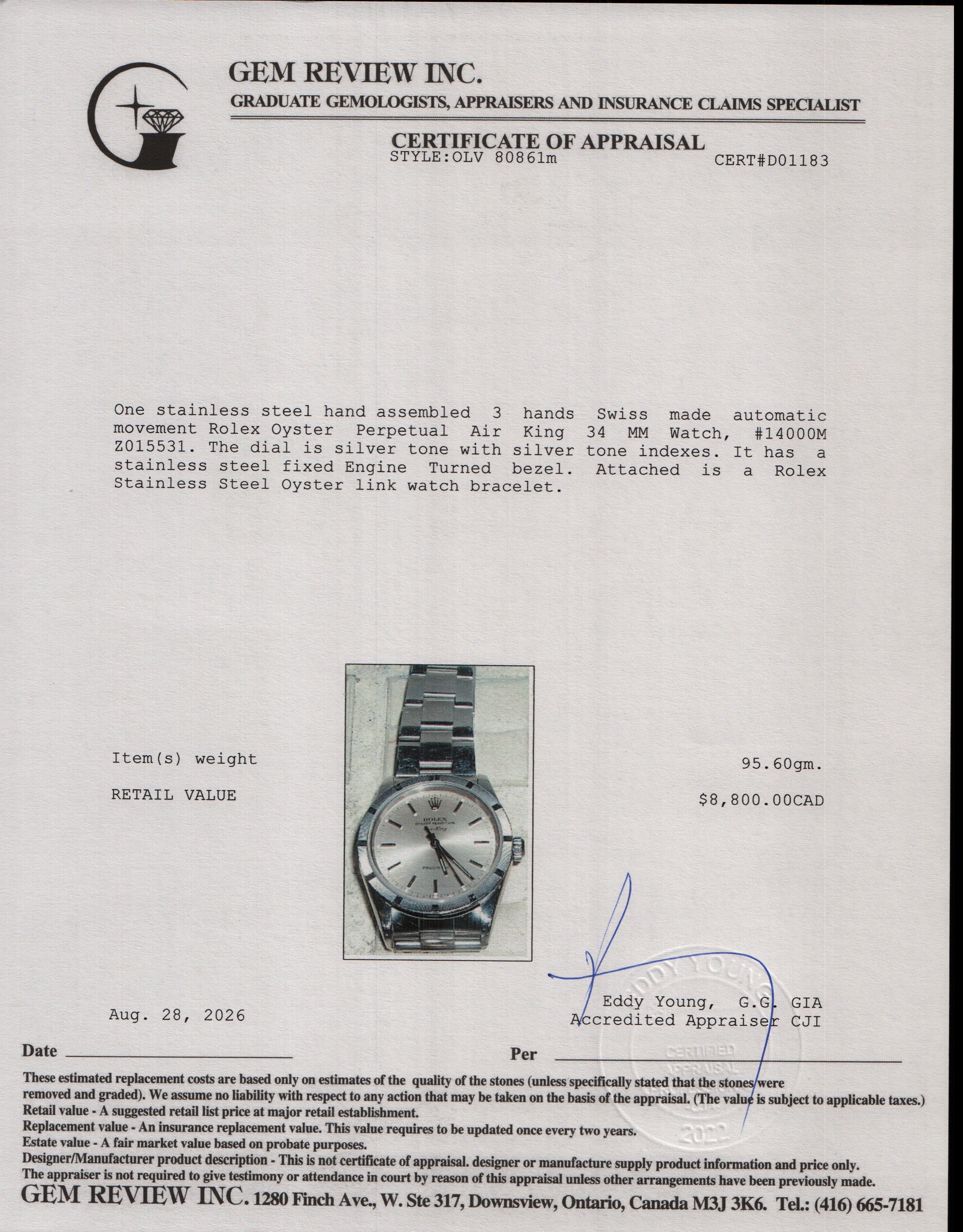 Rolex Stainless Steel Engine Turned Bezel Oyster Perpetual Air King 34 MM Automatic Watch Silver Dial 14000M w/ Box