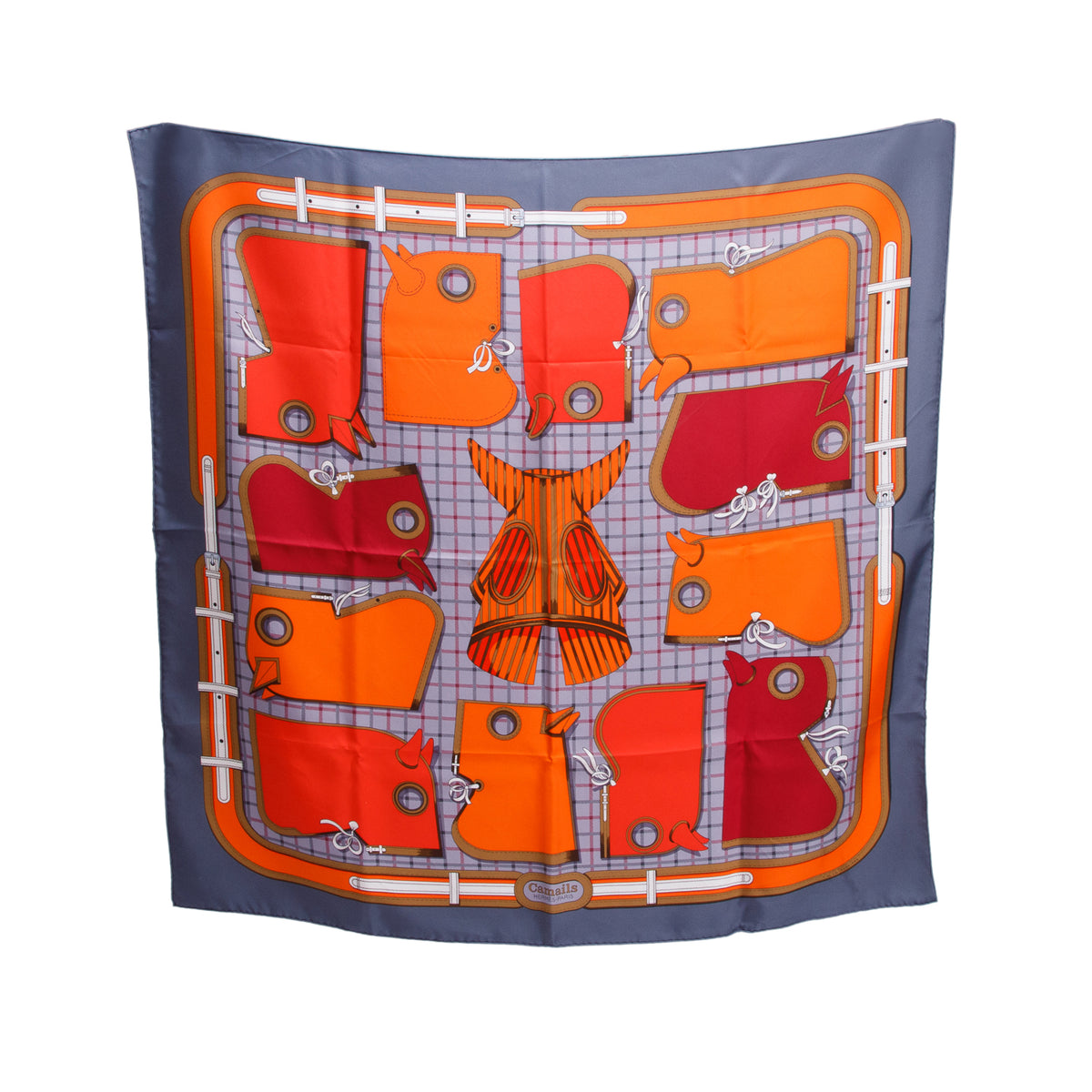Hermes Grey & Multicolor 'Camails' Silk Scarf 90 w/ Box
