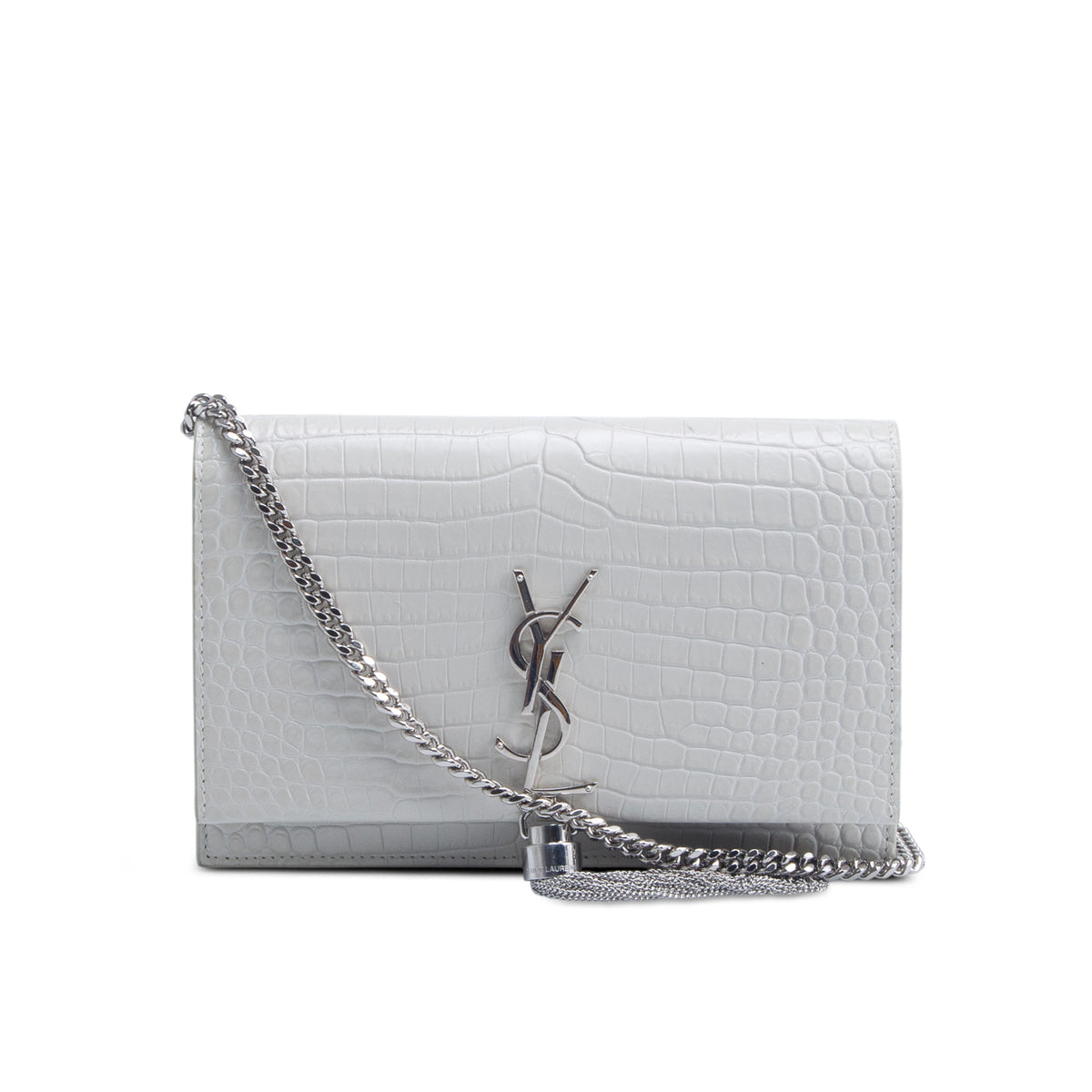 Saint Laurent Off White Calfskin Crocodile Embossed Kate Monogram Tassel Chain Wallet