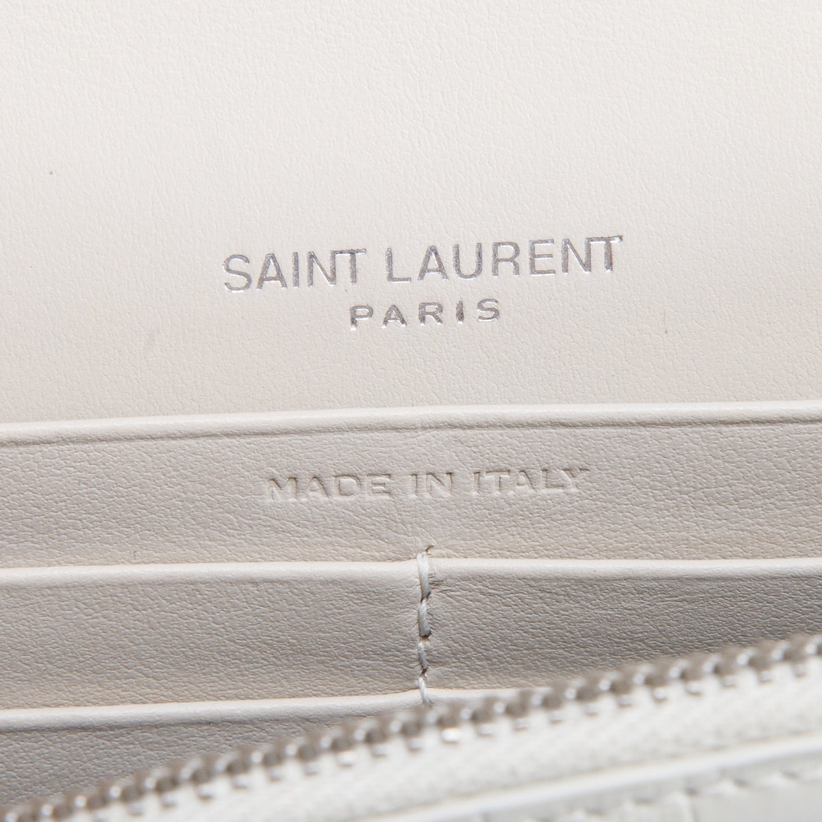 Saint Laurent Off White Calfskin Crocodile Embossed Kate Monogram Tassel Chain Wallet