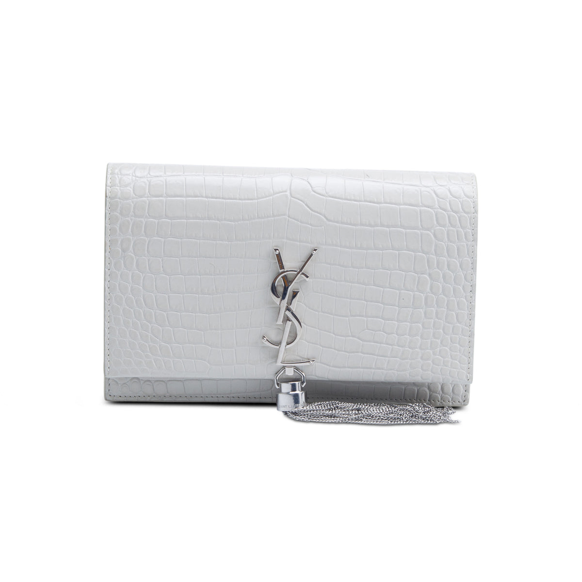 Saint Laurent Off White Calfskin Crocodile Embossed Kate Monogram Tassel Chain Wallet
