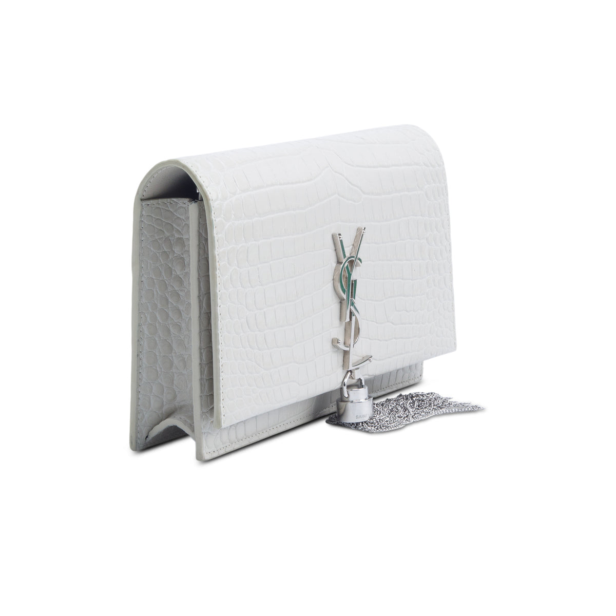 Saint Laurent Off White Calfskin Crocodile Embossed Kate Monogram Tassel Chain Wallet