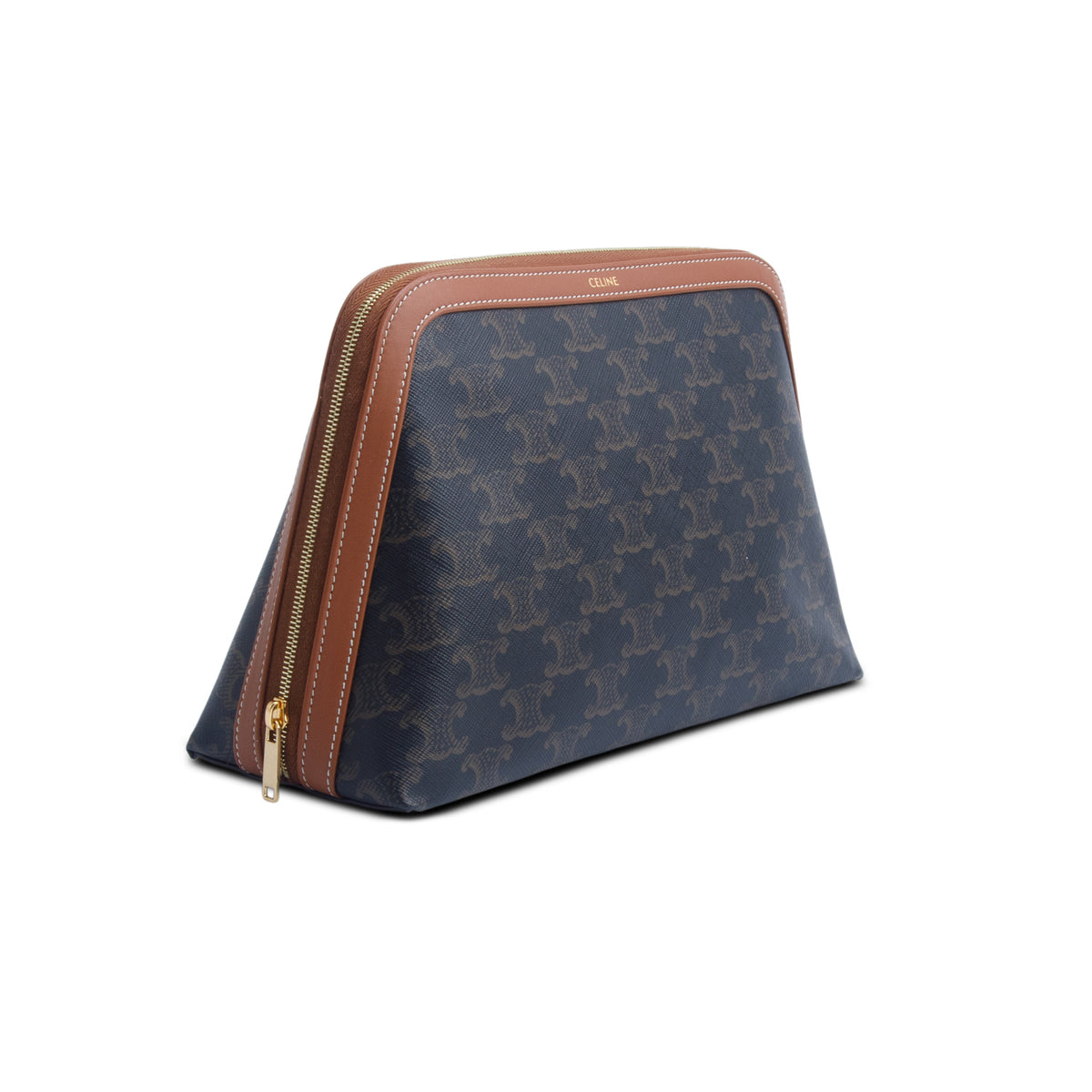 Celine 2025 Brown Triomphe Canvas Calfskin Large Cosmetic Pouch