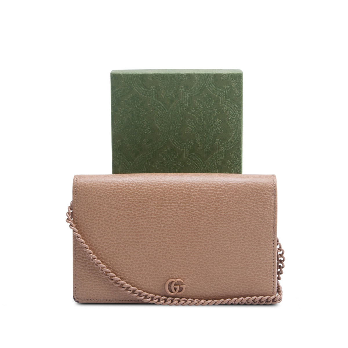 Gucci Beige Dollar Calfskin Enamel Monochrome Mini GG Marmont Chain Wallet w/ Box