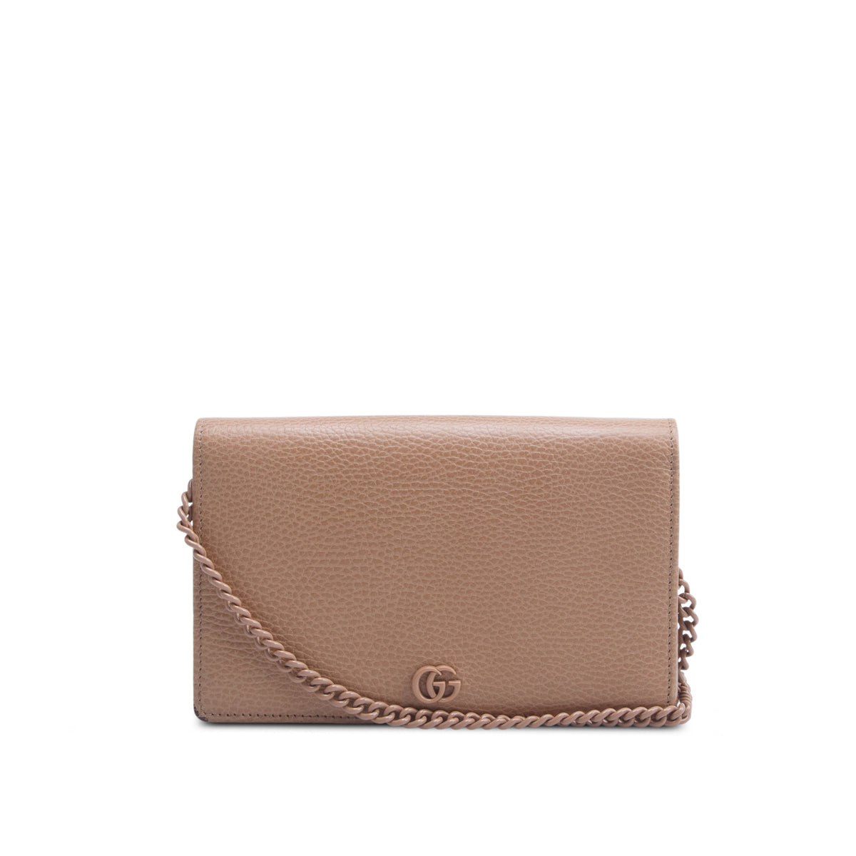 Gucci Beige Dollar Calfskin Enamel Monochrome Mini GG Marmont Chain Wallet w/ Box