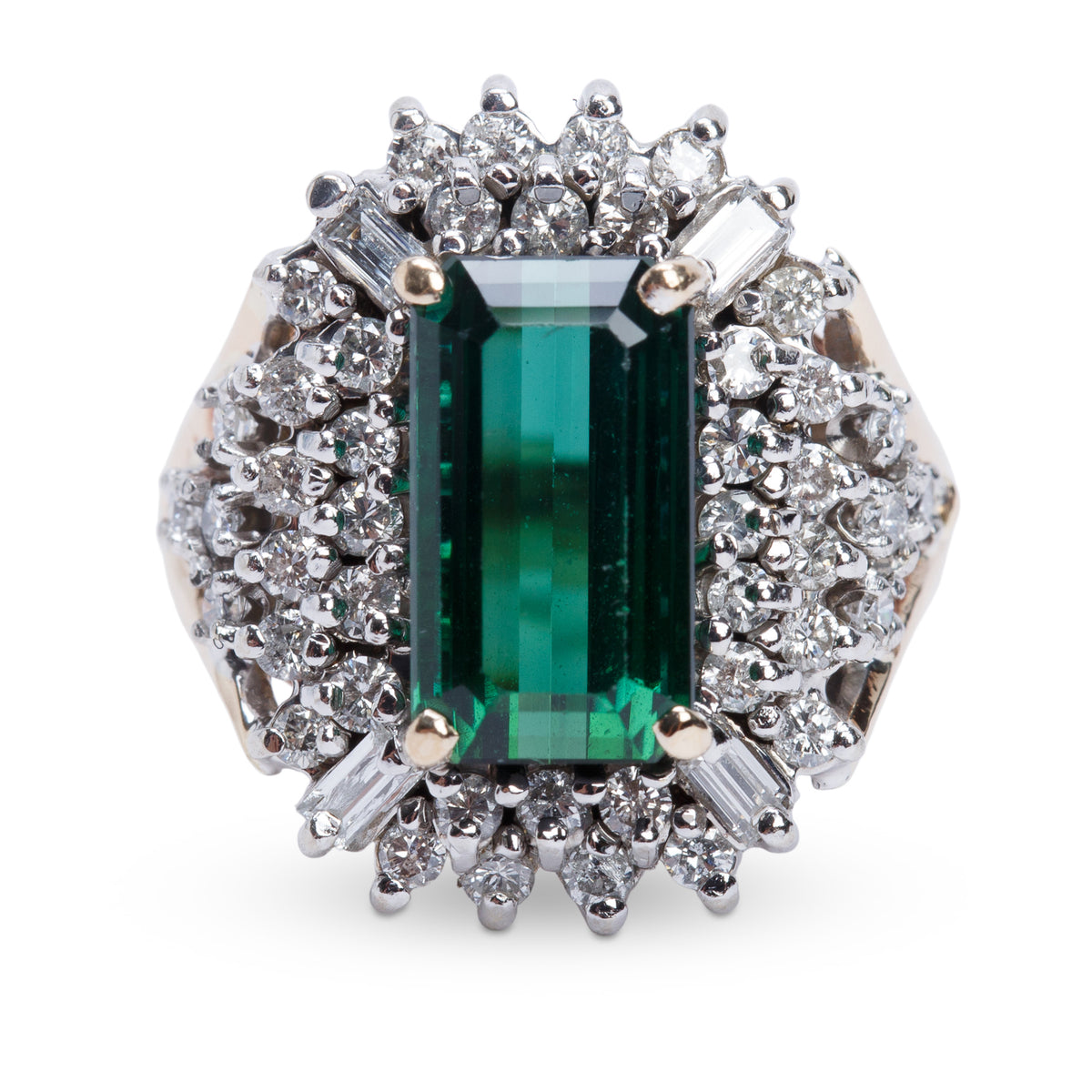 14k Yellow and White Gold Green Tourmaline & Diamond Cocktail Ring, Size 6.5