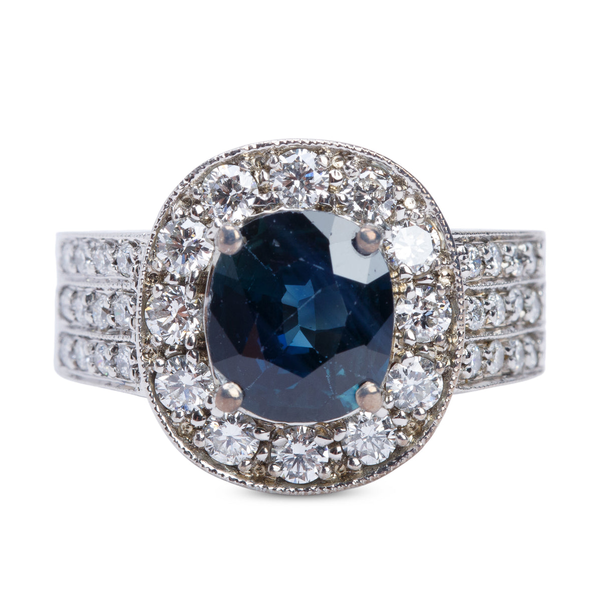 18k White Gold Blue Sapphire & Diamond Cocktail Ring, Size 7