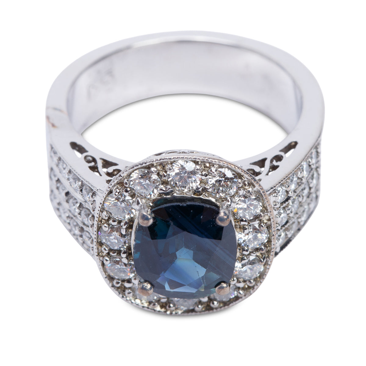 18k White Gold Blue Sapphire & Diamond Cocktail Ring, Size 7