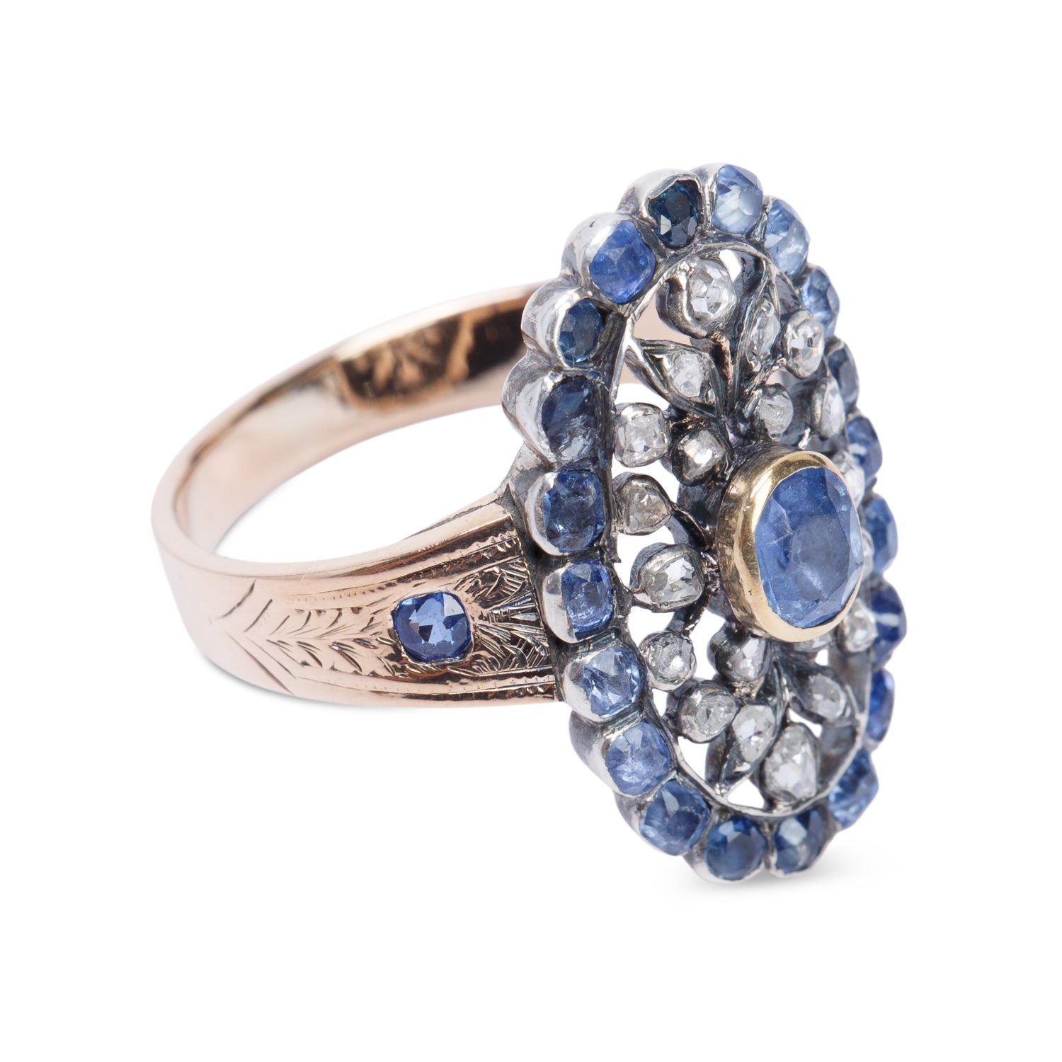 Antique 14k Yellow Gold Blue Sapphire & Diamond Ring, Size 8