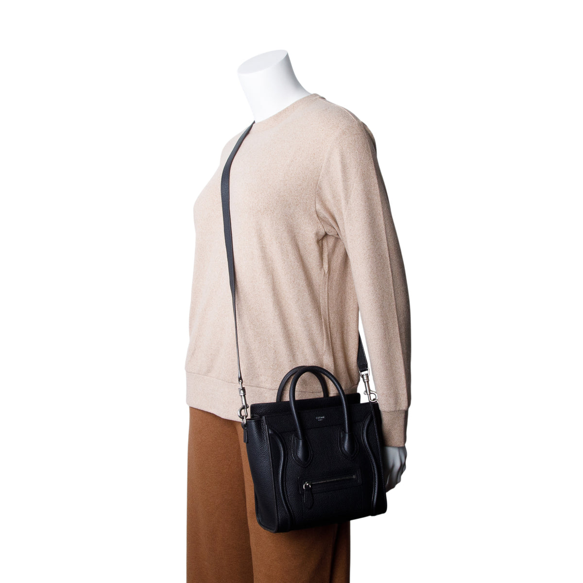 Celine Black Drummed Calfskin Nano Luggage Tote w/ Strap