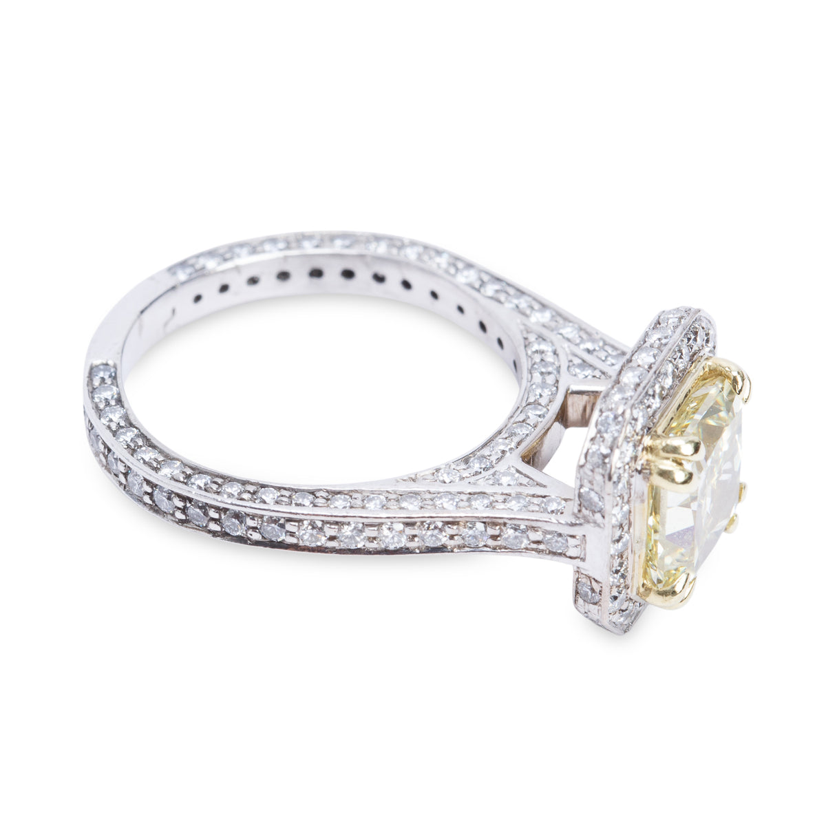 18k White Gold Natural Fancy Yellow 2.25 ct. Radiant Cut Diamond Engagement Ring, Size 4.75 w/ GIA Certificate