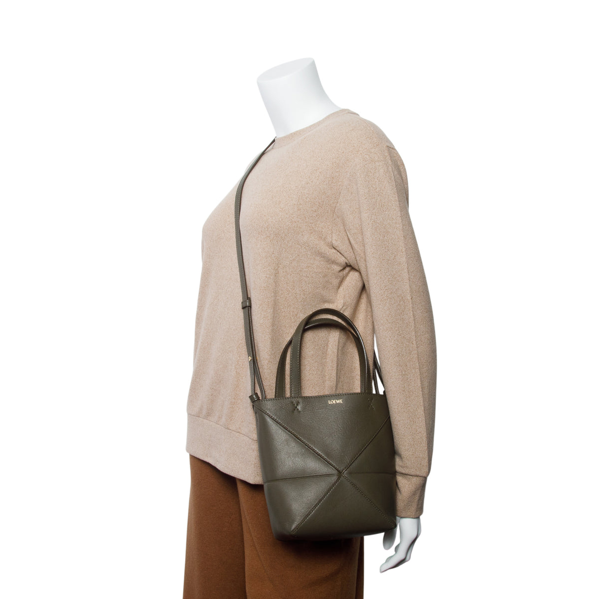 Loewe 2025 Green Shiny Calfskin Mini Puzzle Fold Tote w/ Box, Strap & Receipt