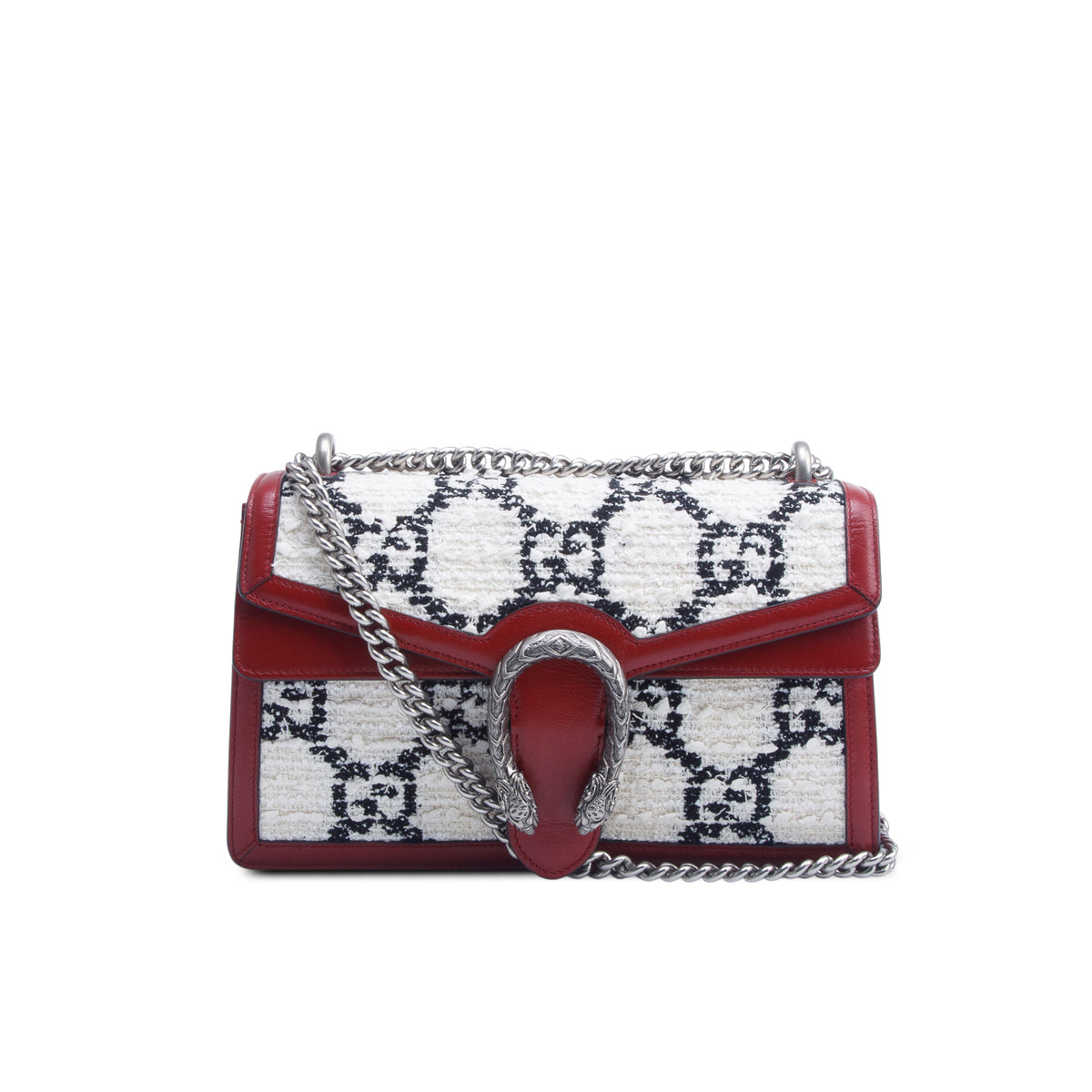 Gucci White Tweed Red Calfskin GG Monogram Small Dionysus Shoulder Bag