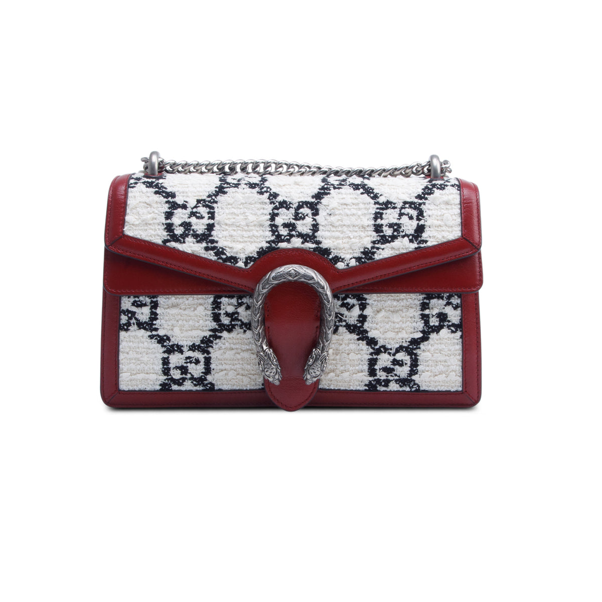 Gucci White Tweed Red Calfskin GG Monogram Small Dionysus Shoulder Bag