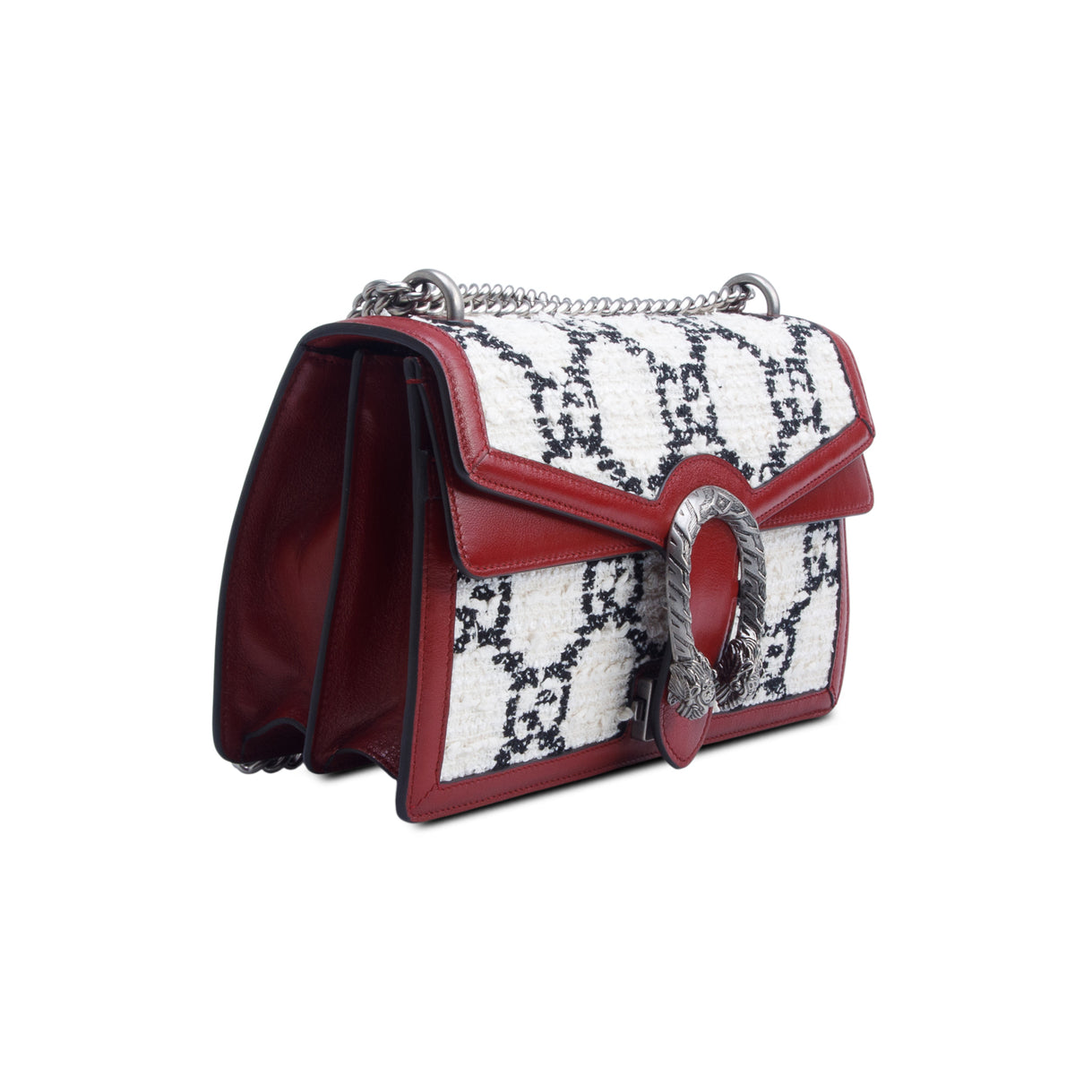 Gucci White Tweed Red Calfskin GG Monogram Small Dionysus Shoulder Bag