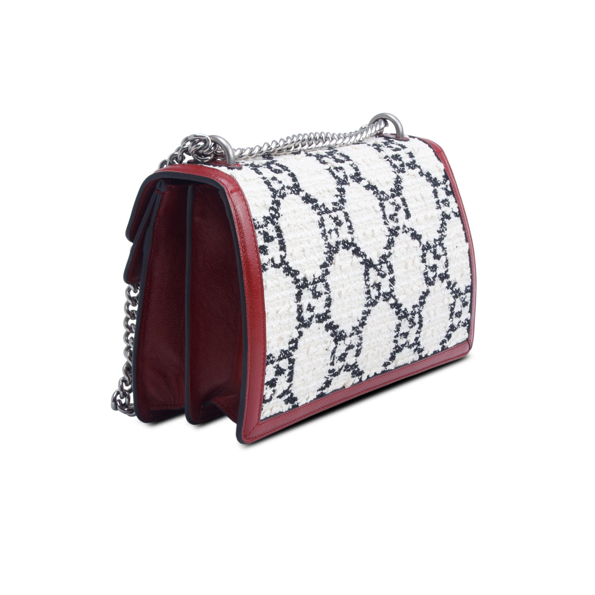 Gucci White Tweed Red Calfskin GG Monogram Small Dionysus Shoulder Bag