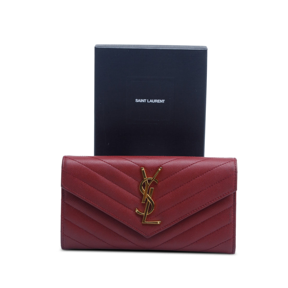 Saint Laurent 2020 Red Grain de Poudre Cassandre Large Flap Wallet w/ Box