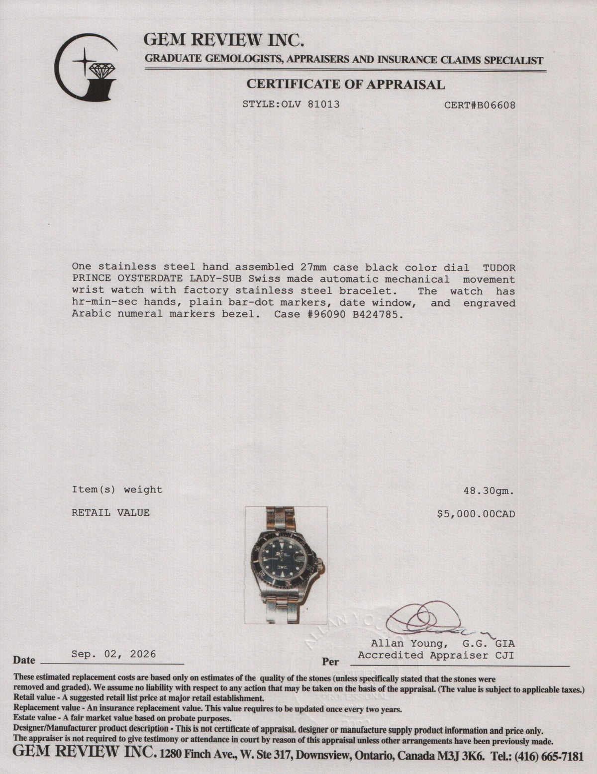 Tudor Stainless Steel Prince Oysterdate Lady-Sub 27 MM Automatic Watch Black Dial 96090 w/ Papers