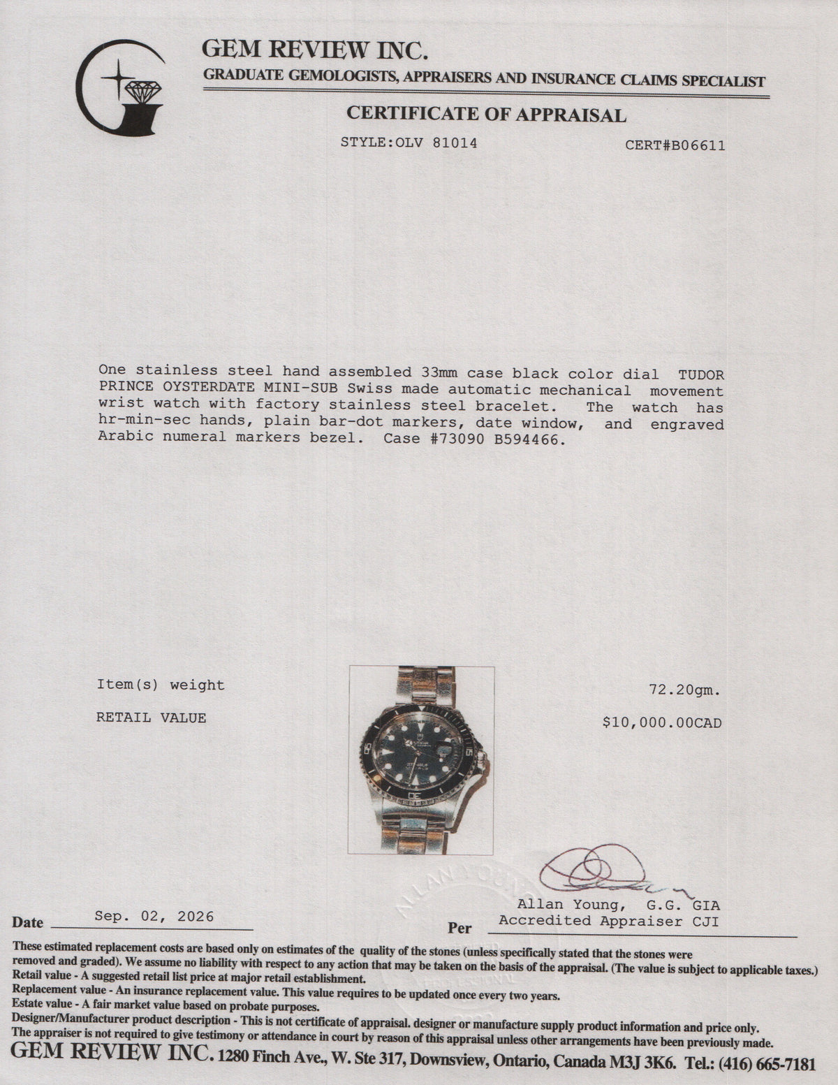 Tudor Stainless Steel Prince Oysterdate Mini-Sub 33 MM Automatic Watch Black Dial 73090 w/ Papers