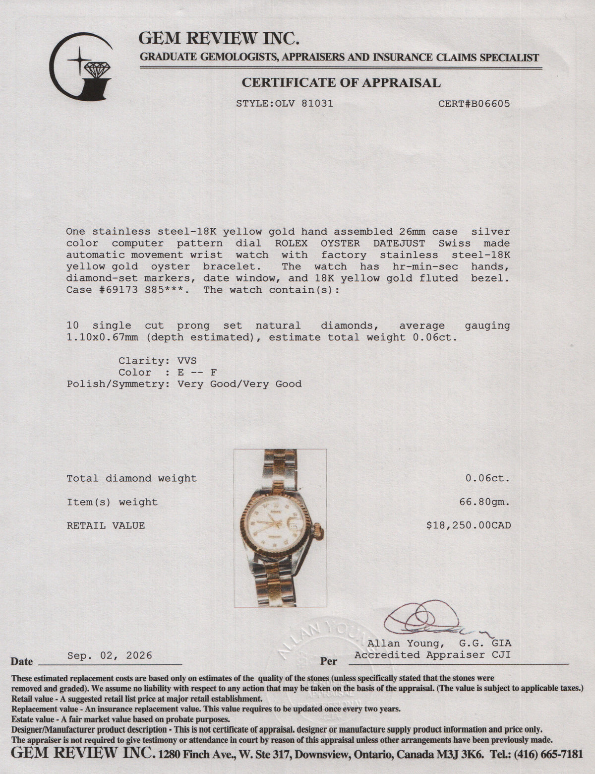 Rolex Stainless Steel & 18k Yellow Gold Datejust 26 MM Watch Diamond Computer Dial 69173