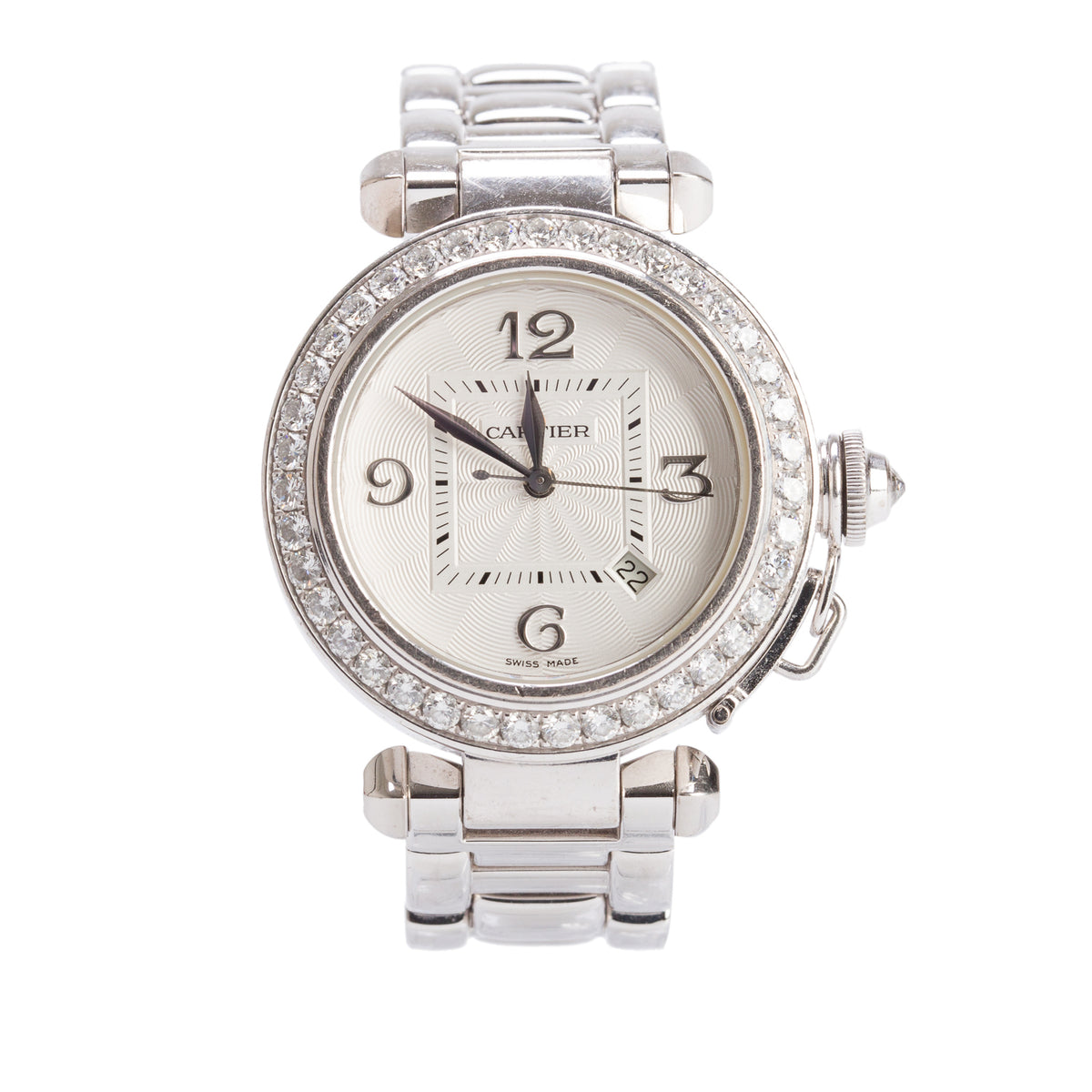 Cartier 18k White Gold Diamond Bezel Pasha de Cartier 32 MM Automatic Watch Silver Dial 2398 w/ Box & Papers