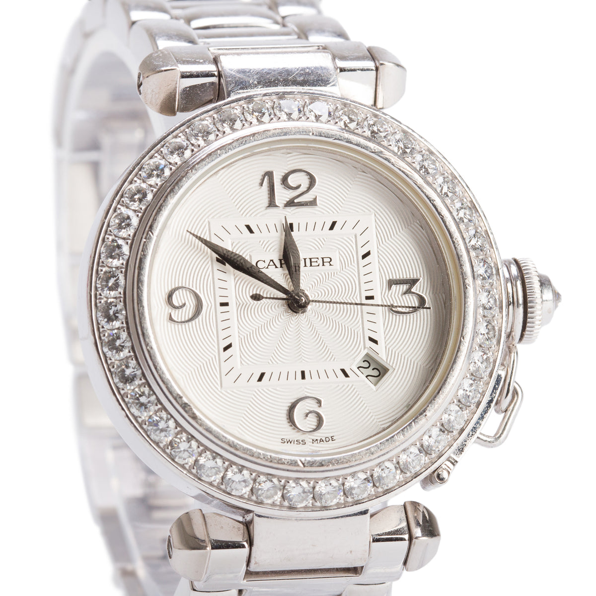 Cartier 18k White Gold Diamond Bezel Pasha de Cartier 32 MM Automatic Watch Silver Dial 2398 w/ Box & Papers