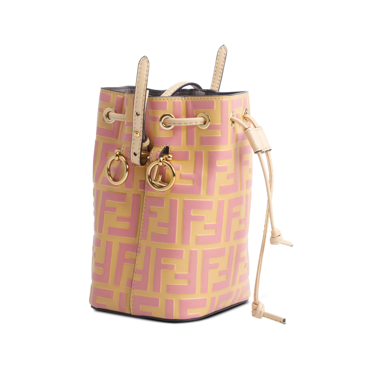 Fendi Pink/Yellow Vitello Liberty F is Fendi Bi-Color FF 1974 Embossed Mini Mon Tresor Bucket Bag w/ Straps