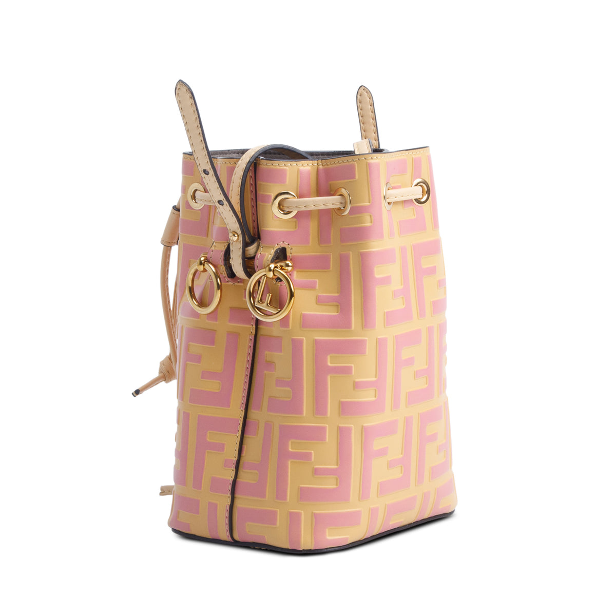 Fendi Pink/Yellow Vitello Liberty F is Fendi Bi-Color FF 1974 Embossed Mini Mon Tresor Bucket Bag w/ Straps