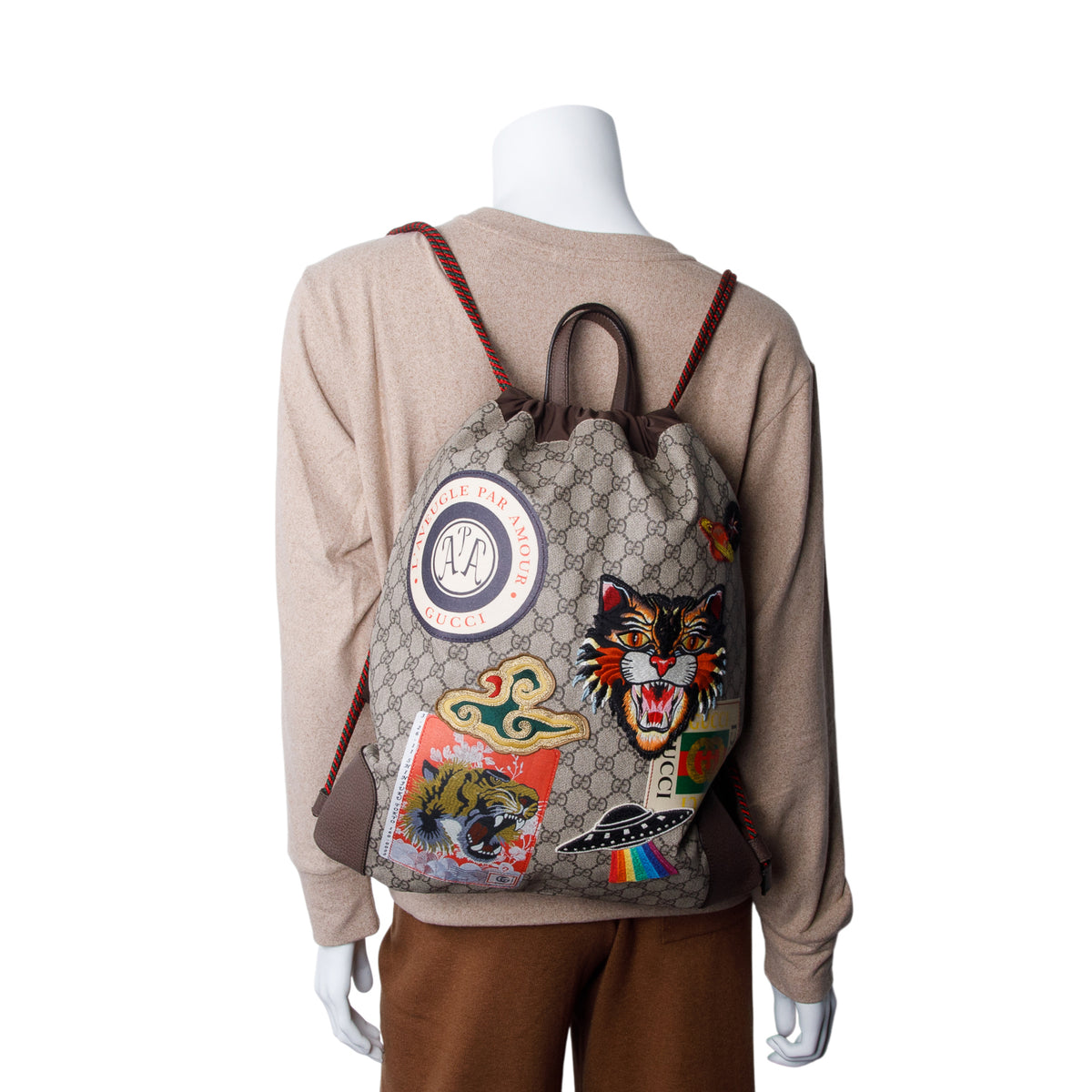 Gucci GG Supreme Embroidered Patch Courier Drawstring Backpack
