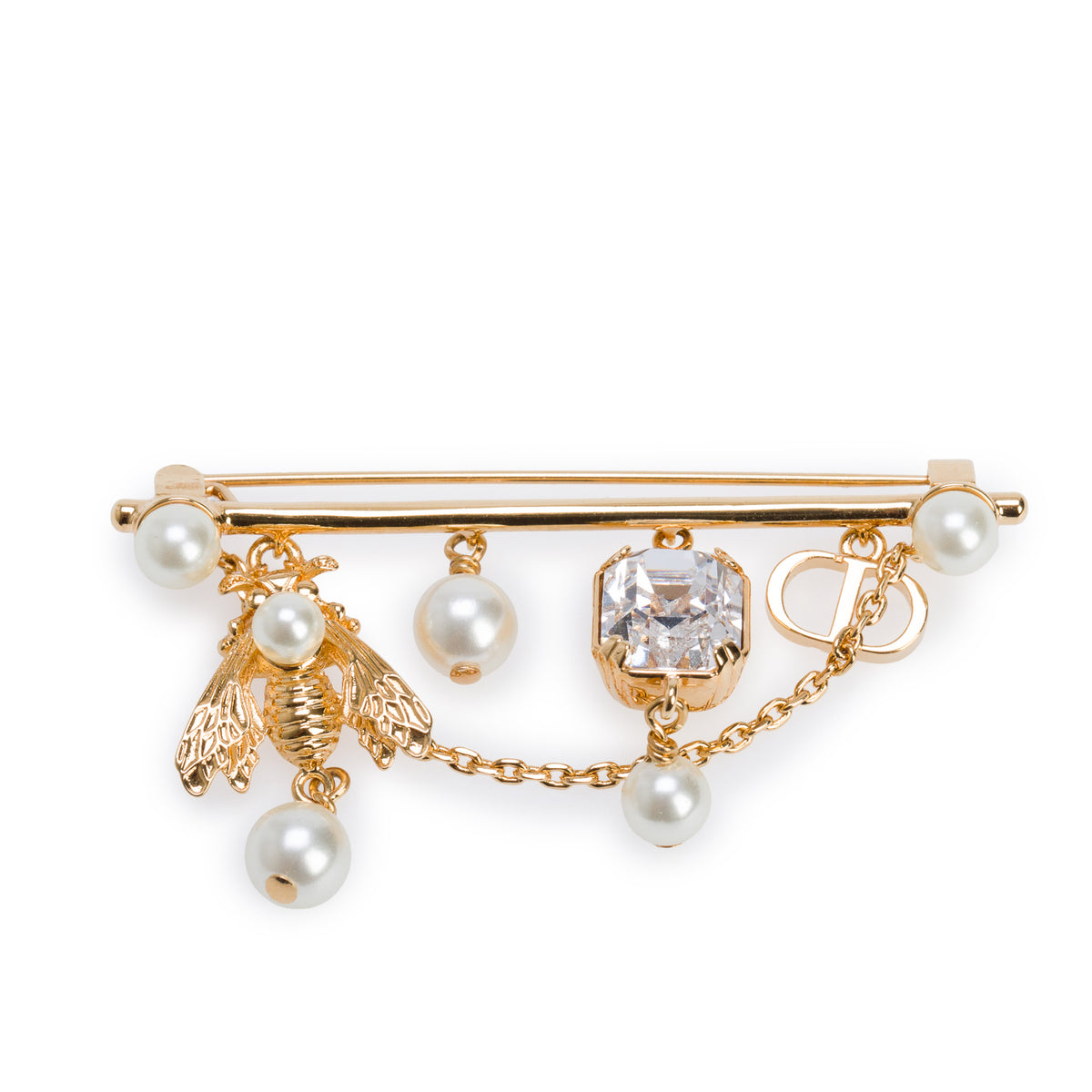 Christian Dior Gold-Plated Faux Pearl & Crystal Pin Brooch