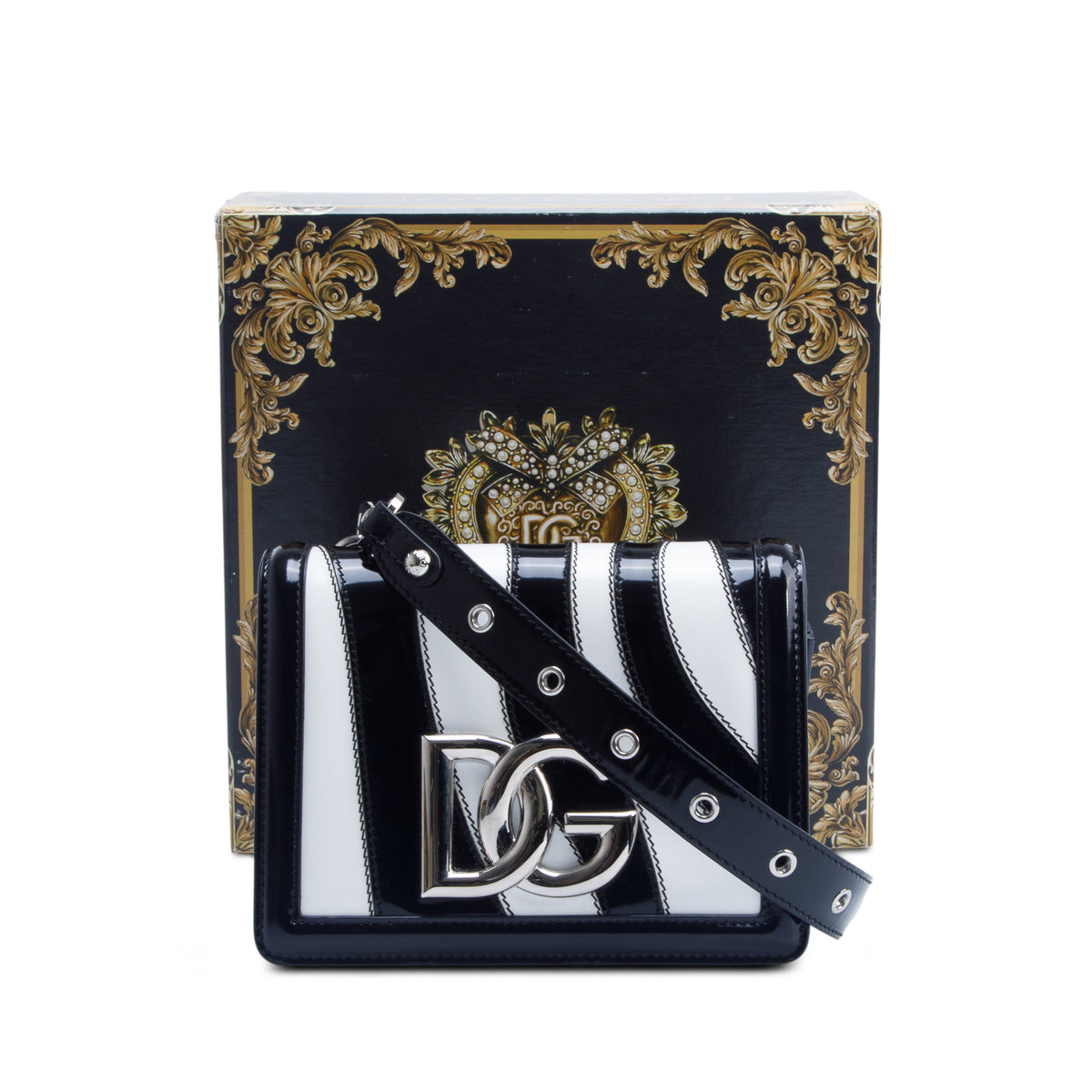 Dolce & Gabbana Black/White Polished Calfskin Zebra 3.5 Crossbody Bag w/ Box, Authenticity Card & Strap