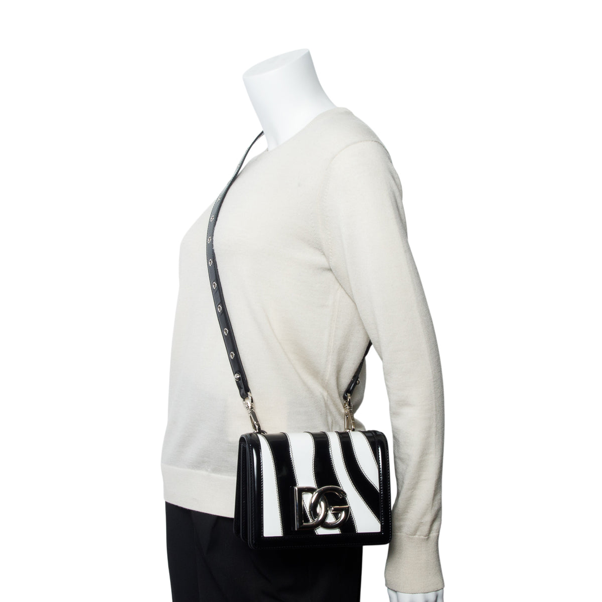 Dolce & Gabbana Black/White Polished Calfskin Zebra 3.5 Crossbody Bag w/ Box, Authenticity Card & Strap