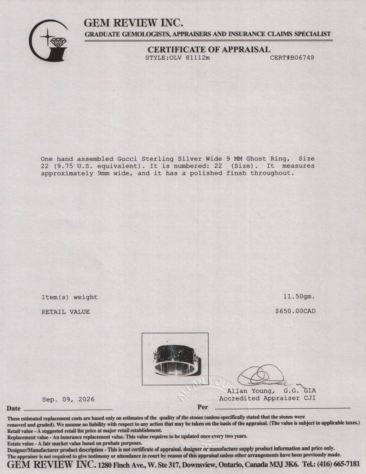 Gucci Sterling Silver Wide 9 MM Ghost Ring, Size 22 9.75