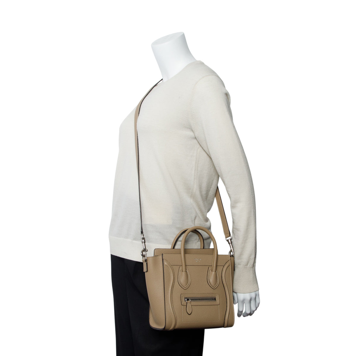 Celine Beige Drummed Calfskin Nano Luggage Tote w/ Strap
