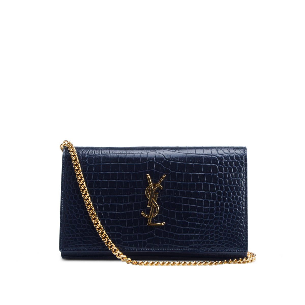 Saint Laurent Navy Croc Embossed Classic Cassandre Chain Wallet