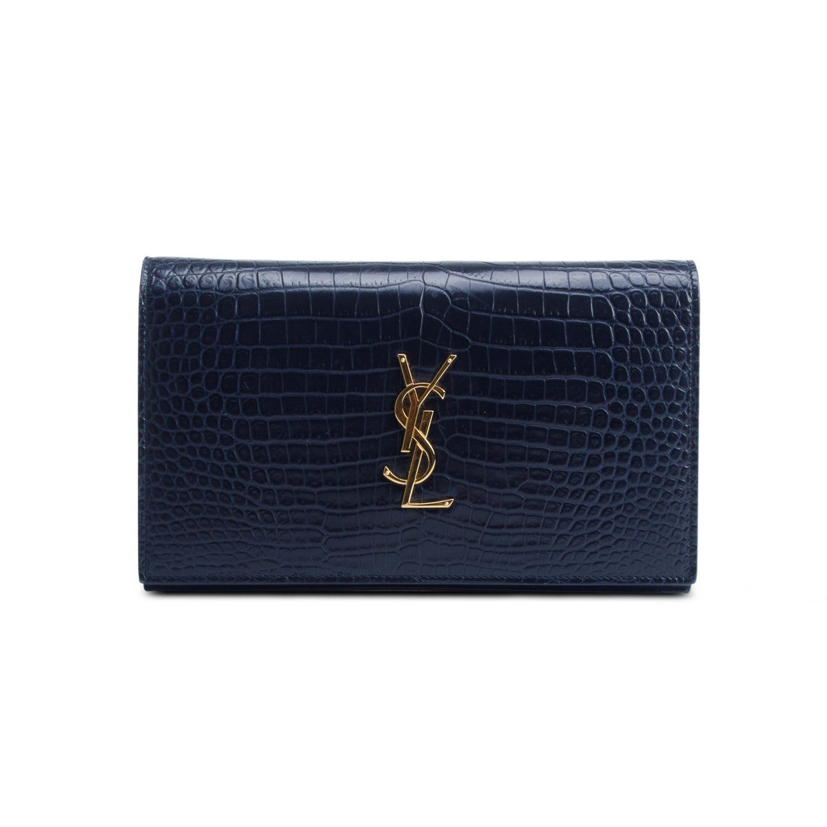 Saint Laurent Navy Croc Embossed Classic Cassandre Chain Wallet