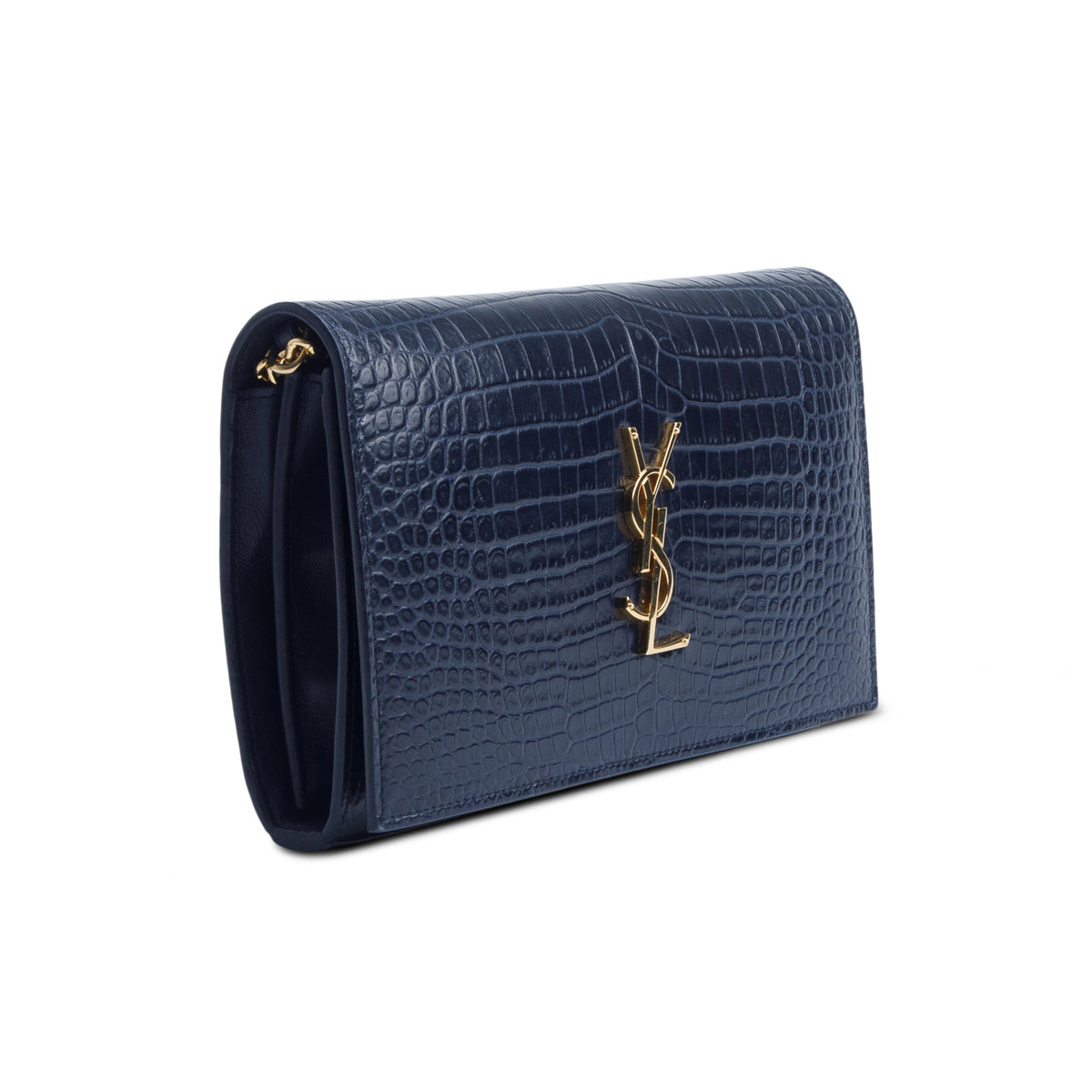 Saint Laurent Navy Croc Embossed Classic Cassandre Chain Wallet