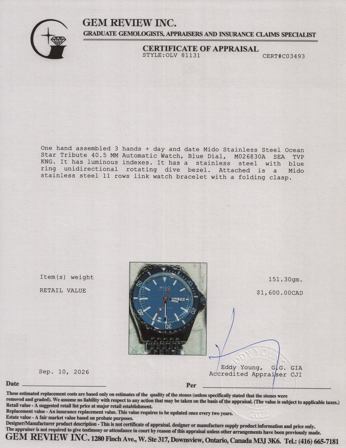 Mido Stainless Steel Ocean Star Tribute 40.5 MM Automatic Watch Blue Dial w/ Box & Papers