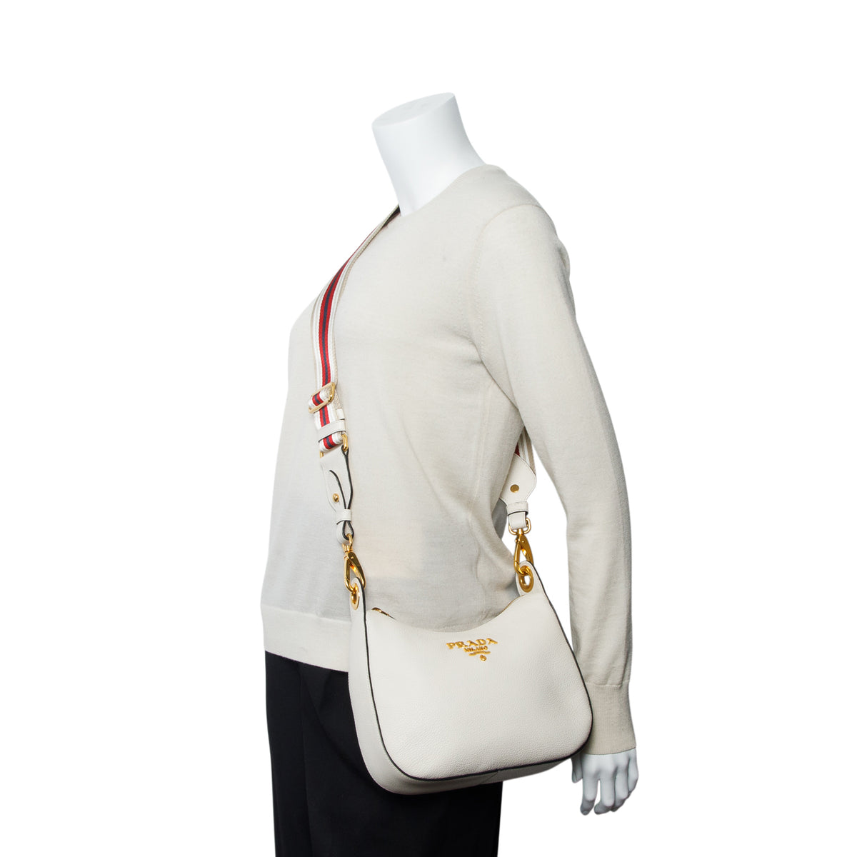 Prada White Vitello Daino Zippered Messenger Hobo