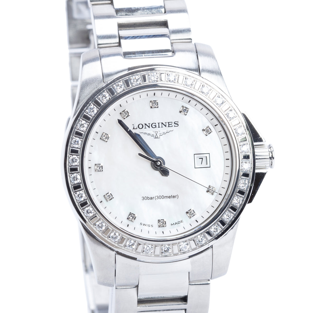 Longines Stainless Steel Diamond Bezel Conquest Classic 29.5 MM Quartz Watch Mother of Pearl Diamond Dial