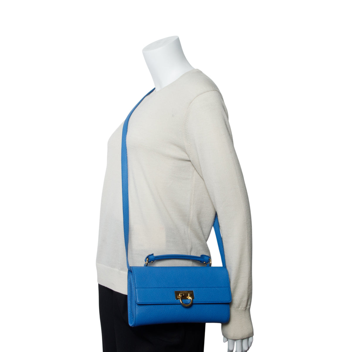 Ferragamo Blue Grained Calfskin Ably Crossbody Bag