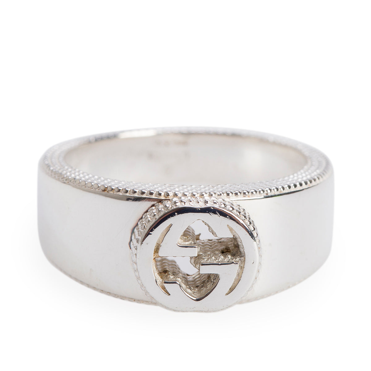 Gucci Sterling Silver Interlocking G Signet Ring, Size 14 6.75