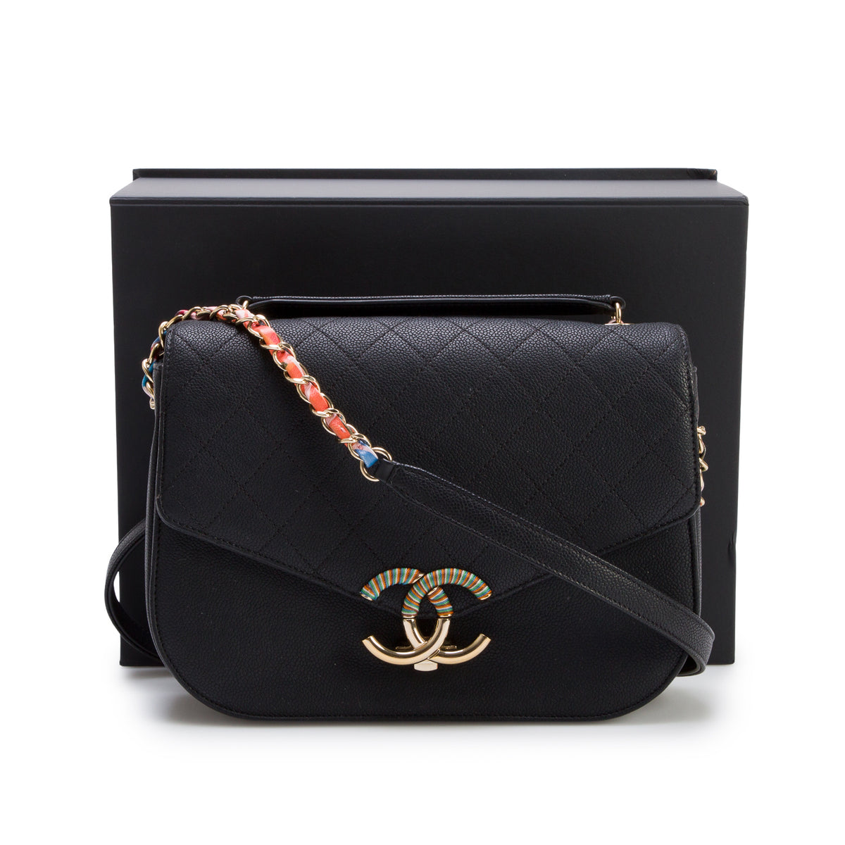 Chanel Black Caviar Quilted Leather Paris-Cuba Thread Around Flap Bag w/ Box & Authenticity Card