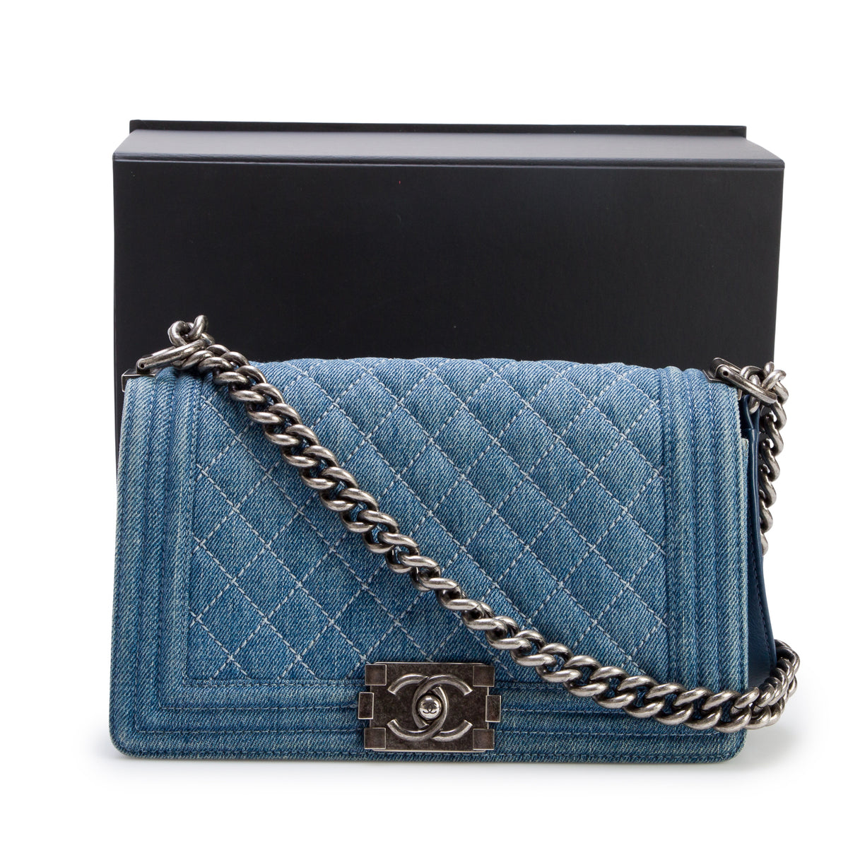 Chanel Blue Quilted Denim Medium Boy Bag w/ Box