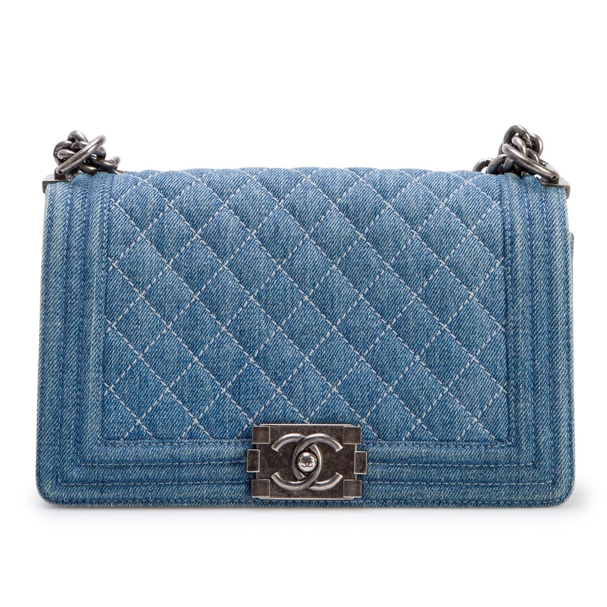 Chanel Blue Quilted Denim Medium Boy Bag w/ Box