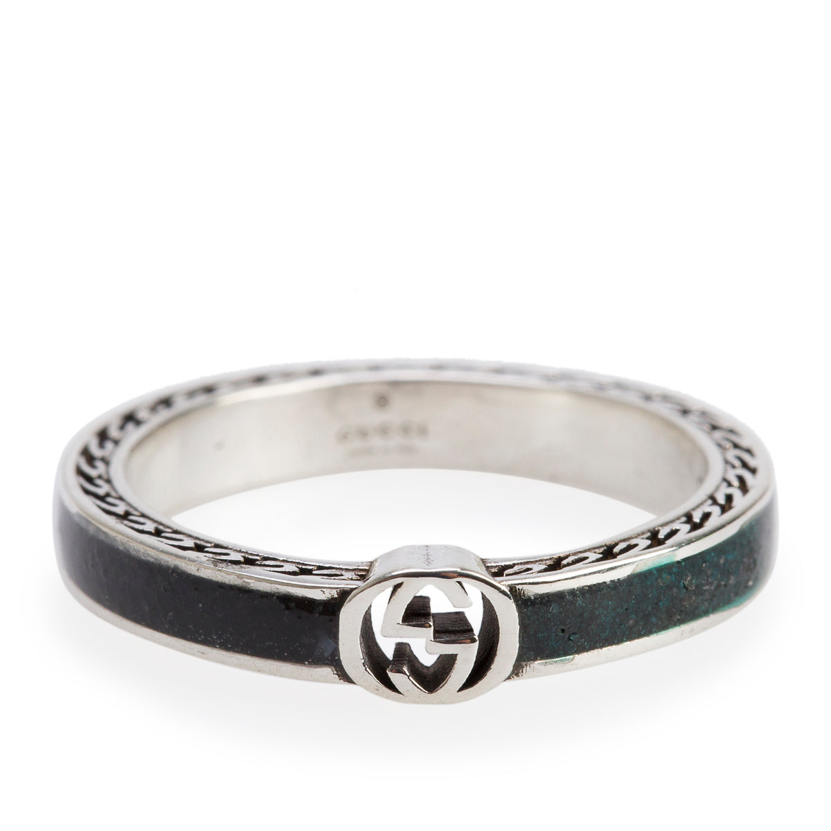 Gucci Sterling Silver Black Enamel Interlocking G Narrow Band Ring, Size 20 9