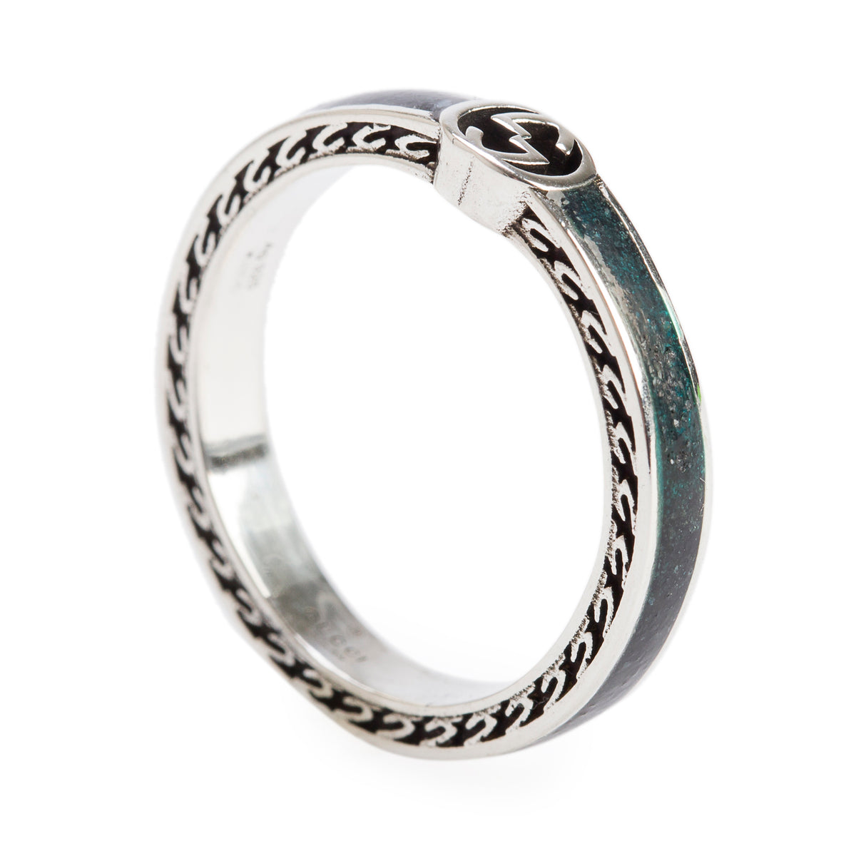 Gucci Sterling Silver Black Enamel Interlocking G Narrow Band Ring, Size 20 9