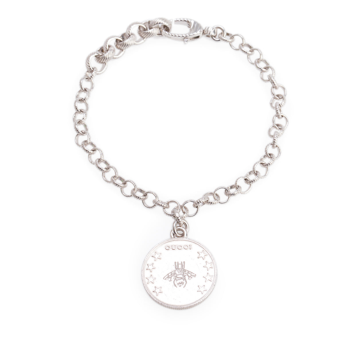 Gucci Sterling Silver Interlocking G Bee Coin Charm Bracelet
